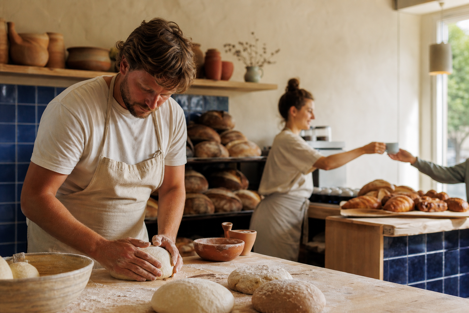 Fictieve bakker vormt deeg in de open bakkerij